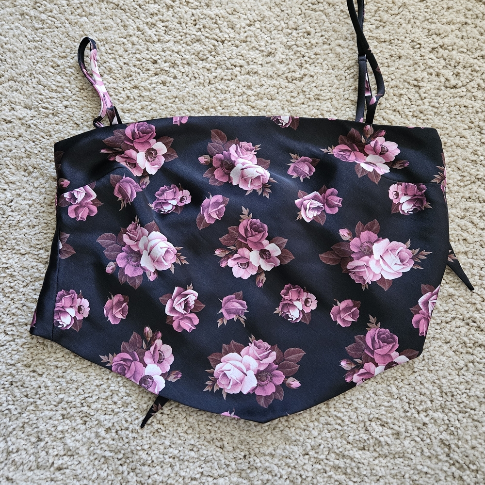 Aritzia Sunday Best Black Cami with Pink Rose Print